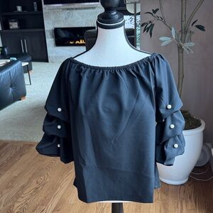 CeCe Black Off-Shoulder Blouse with Pearl-Trimmed Tiered Sleeves